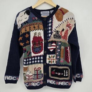 Vintage 90s womens M hand knit school teacher cardigan with patchwork embroidery